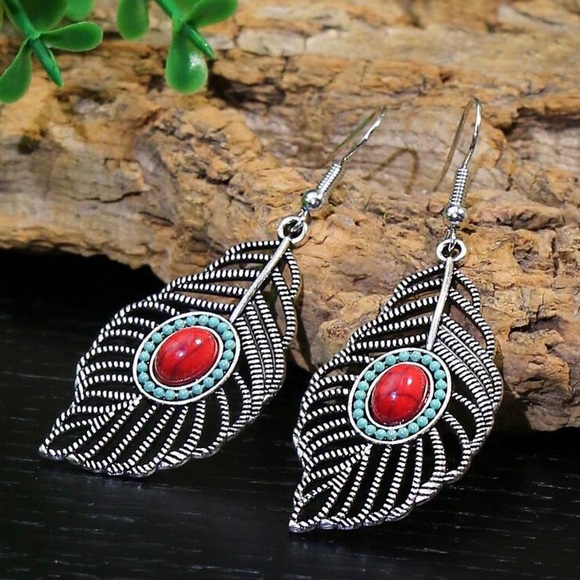 Any 2/$20! Silver Red & Turquoise Feather Earrings - Picture 3 of 6